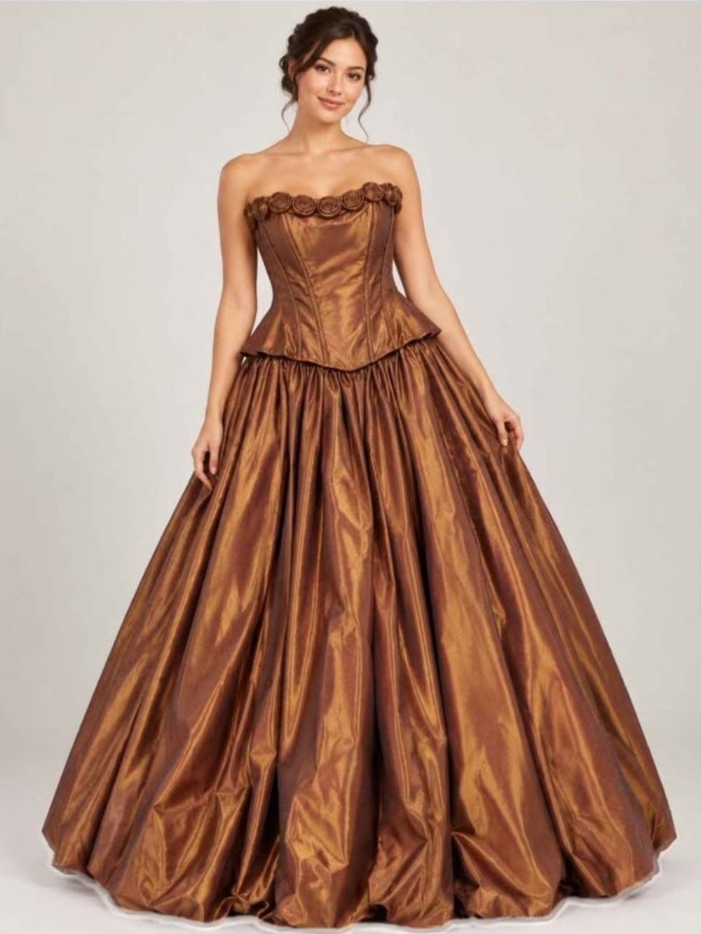 Vintage Venessa Stevens 90s Strapless Copper Ball Gown with Rose-Trim Bodice